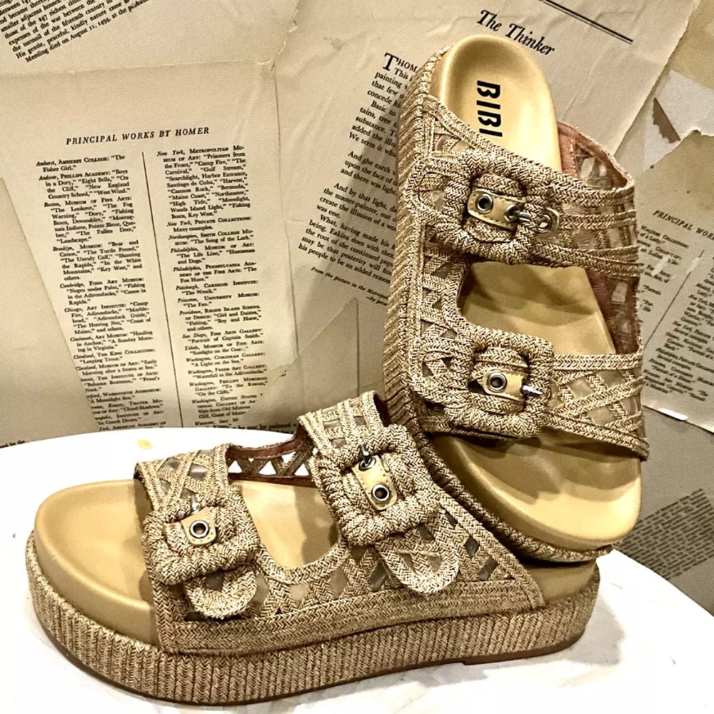 Anthropologie Bibi Lou Raffia Woven Platform Slide Sandal 2 Buckle Natural